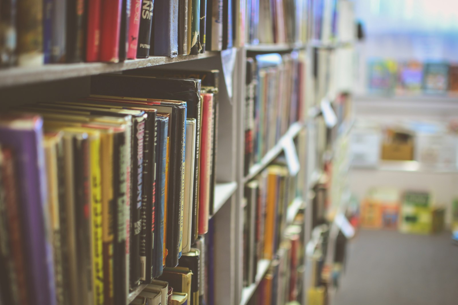 Rows of neatly organized books on library shelves — a metaphor for a well-kept prompt library you browse and pull from.